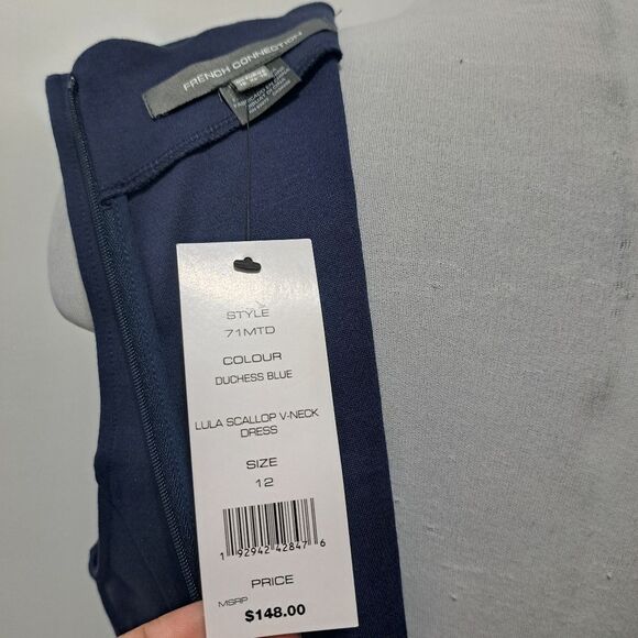French Connection Lula Scalloped Edge V Neck  Mini Dress Duchess Blue  Sz 12 NWT - Picture 9 of 13